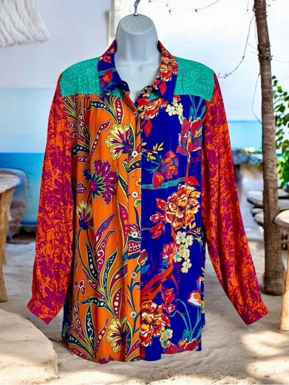 Soft Surroundings Shirt Tunic  Sz L Tropical Mixed Floral Print Button Down Boho